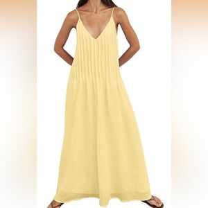 EUC cotton spring and summer dress with bodice pleating, v neck- butter yellow